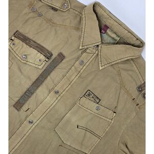 FUSAI Jeans Military Shirt Mens XXL Brown Short Sleeve Utility Pockets Epaulette